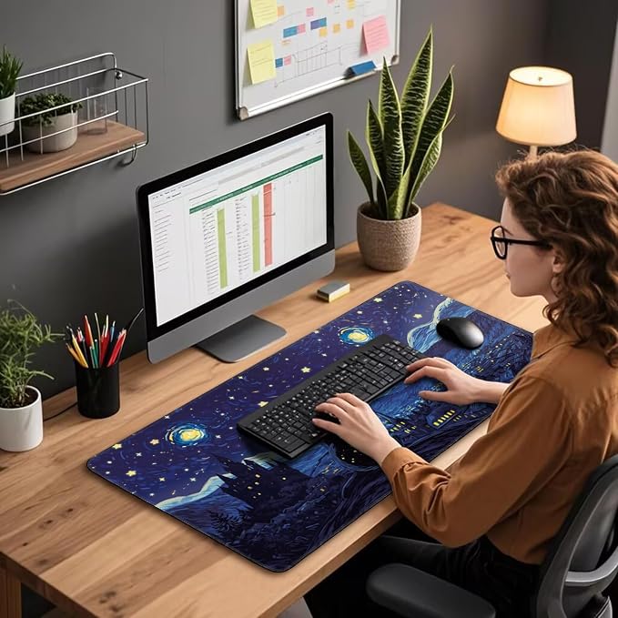 Starry Night Cat Large Mouse Pad, 31.5"x15.7" Desk Mat, Anti-Slip Rubber Base Keyboard Pad with Stitched Edges, Water-Resistant Smooth Desk Blotter, Computer Mat for Home Office Desk