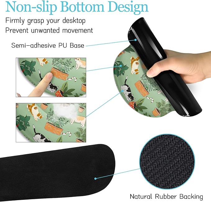 LIMKRIAN Cat Ergonomic Mouse Pad XXL Desk Mat Set, Green Desk Accessories | Mouse Pad with Gel Wrist Rest, Large Gaming Mousepad, Wrist Support Keyboard Mat , Coaster, Cute Office Desk Decor Women
