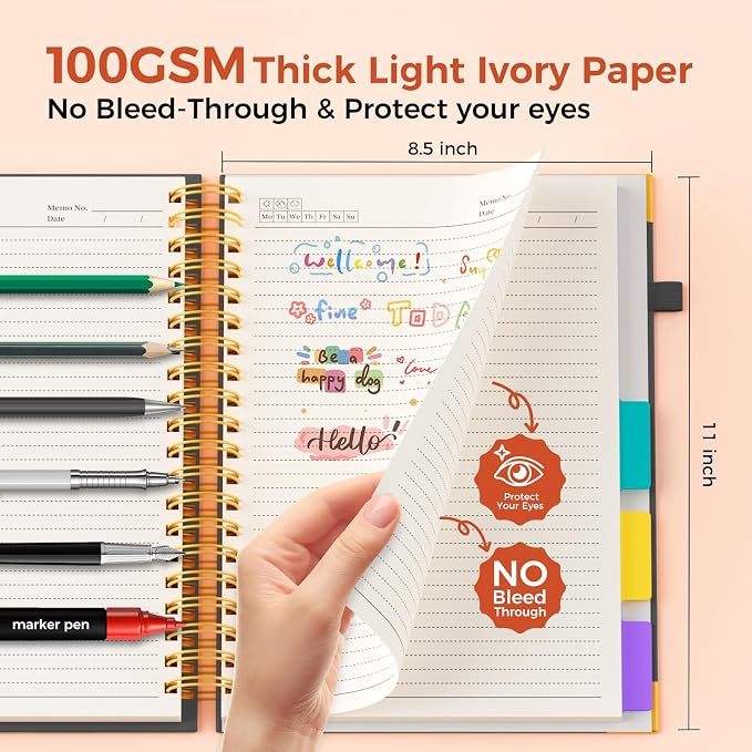 XYark A4 Hardcover Spiral Notebook, 8.5"x11" College Ruled Notebooks with Removable Dividers Tabs & Ruler, 5 Subject Notebook 300 Pages, Large Lined Journal for Women Men School Work Office, Black