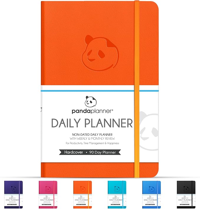 Panda Planner Classic A5 Undated Daily Planner 2026-2027, 8.25x5.75 Orange | Hourly schedule, to do list, habit tracker, gratitude journal, quarterly layout, 100 GSM paper