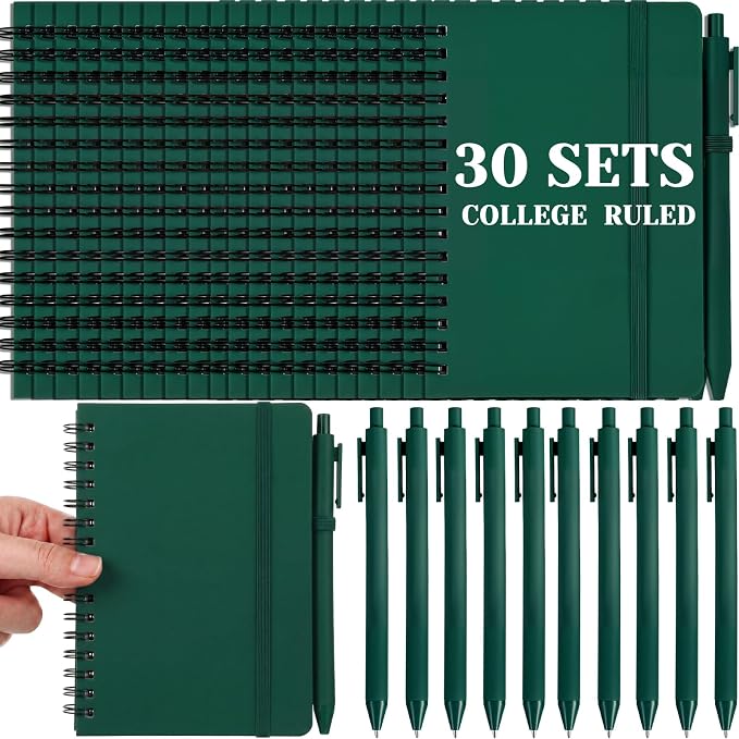 Fulmoon 30 Set Small Spiral Notebooks A6 with Pens Bulk, Multicolor 4" x 6" Pocket Notebooks Mini Lined Journals 50 Sheets for Back to School Supplies Students Rewards Office Gifts (Forest Green)