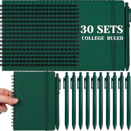 Fulmoon 30 Set Small Spiral Notebooks A6 with Pens Bulk, Multicolor 4" x 6" Pocket Notebooks Mini Lined Journals 50 Sheets for Back to School Supplies Students Rewards Office Gifts (Forest Green)