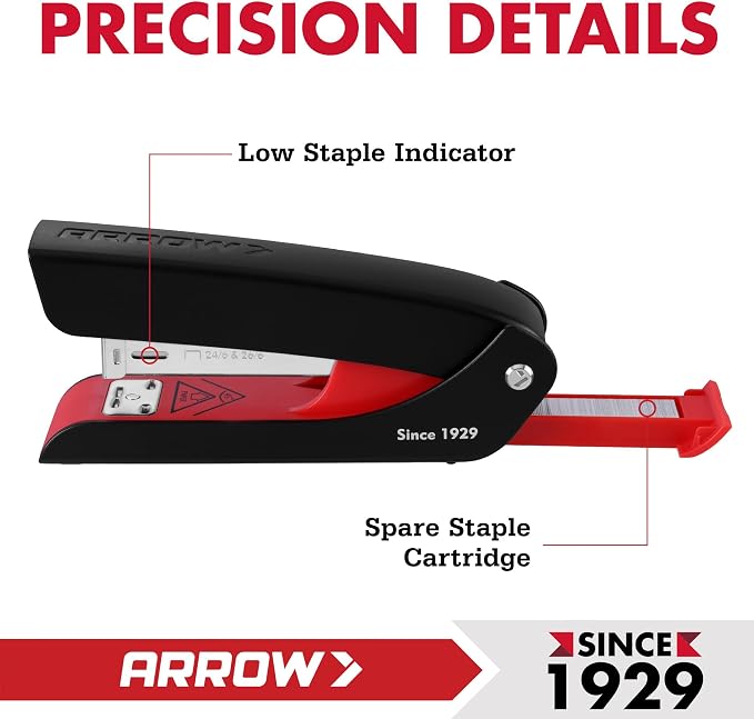 Arrow Office Stapler Set, 25 Sheet Capacity Metal Desk Staplers with 2100 Staples, Half Strip Design and Non-Slip Base, Spare Staple Storage for Classroom, Office and Home, 3 Pack