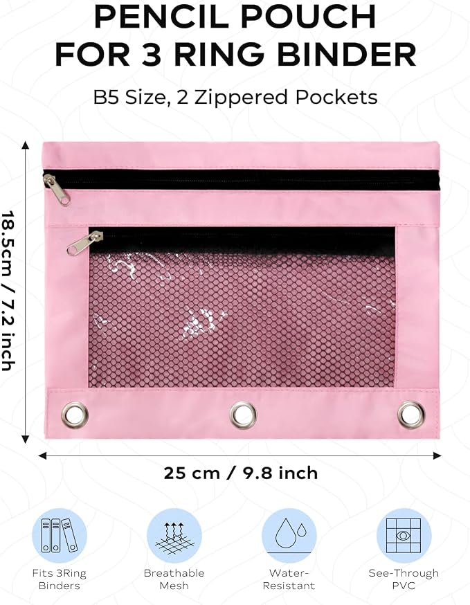 3 Ring Binder Pencil Pouch - Oxford Fabric Pencil Case with 2 Zippered Pockets, Clear Mesh Window Pencil Bag, B5 Size for Office & Travel Supplies (Pink)