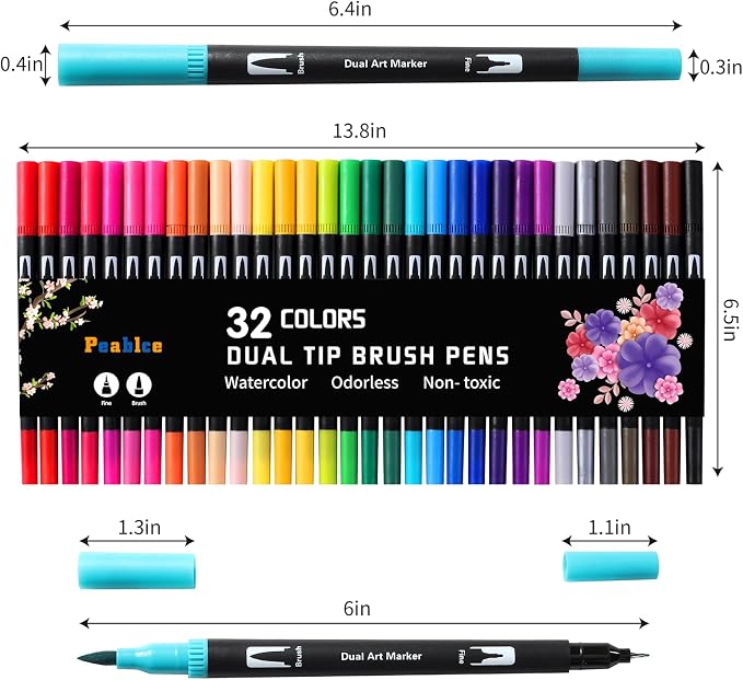 Peablce Art Markers Brush Pen Markers for Adult Coloring 32 Colored Pens | Fine Point Highlighter Pen & Brush Markres for Journaling Note Taking Planner