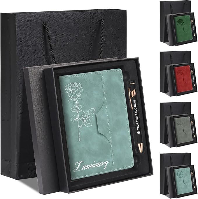 ENOMY Personalized A5 Notebook Writing Set Custom Notebook PU Leather Personalized Journal with Stylus Pen & Gift Box for College Holiday Travel Business Gift, Light Blue