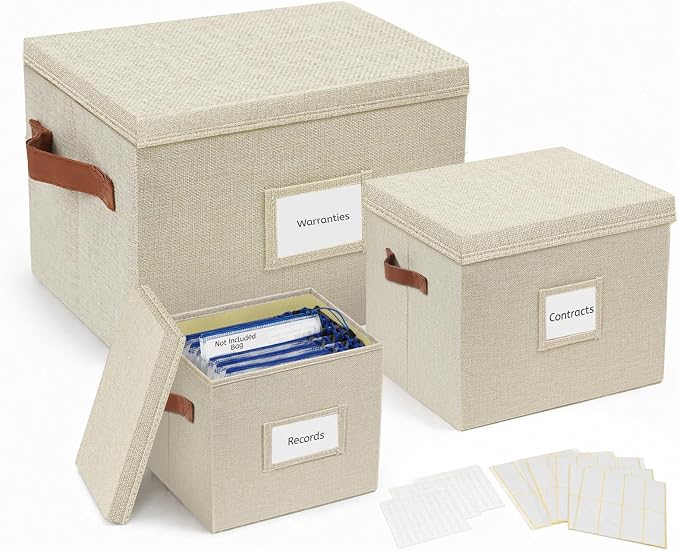 3-Pack Multi-Size Storage Boxes for Documents & Files, Beige | Office files & board games | Fits A4/B4 papers | Multi-size (L/M/S) | Dust-proof | Includes labels & glue dots