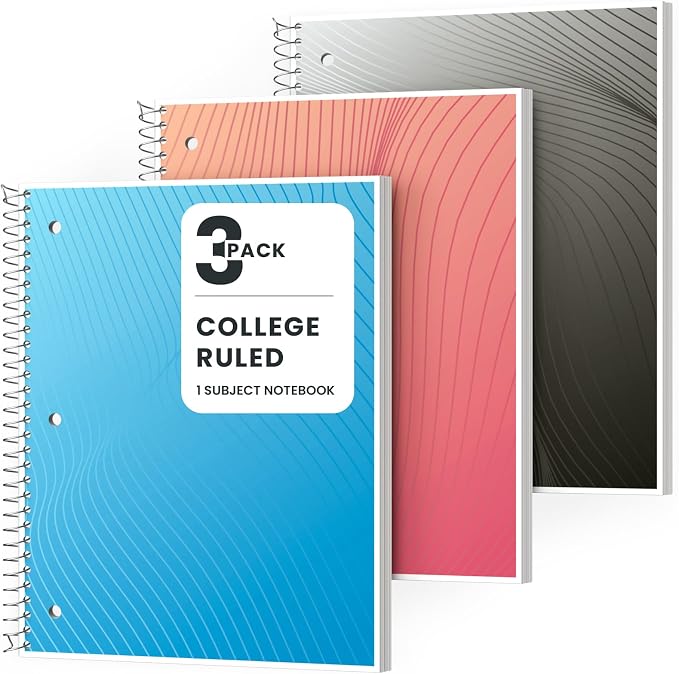 Oucaru College Ruled Spiral Notebooks, 8x10.5 Subject Notebook for School | 5 Pack 1-Subject Notebooks with 70 Sheets Per Book, 3-Hole Punched Lined Paper, for Writing Journal, Home & Office