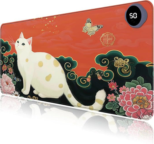 Heated Mouse Pad with 3 Levels Heated & 3 Hours Auto Shut-Off Mouse Pad for Warming Hands in Office Home, 23.6" x 14.2"Large Safe Desk Mat Hand Warmer，Vintage White Cat