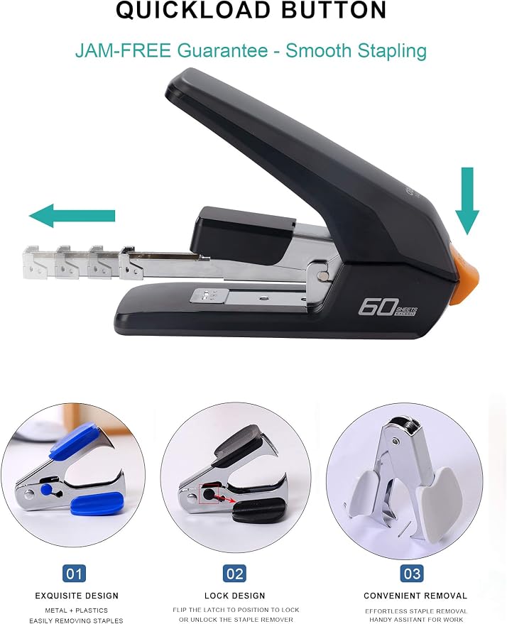 Leven Effortless Heavy Duty Stapler, One Touch Stapling, Easy to Load Ergonomic Stapler, 60 Sheet Capacity, Includes 2000 Staples and Staple Remover for Desktop