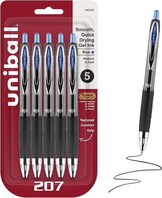 Uniball™ 207 Gel Pens, Blue Ink, 0.7mm Medium Point, Retractable, 5 Count, Smooth Writing, Fraud-Resistant, uni Super Ink™