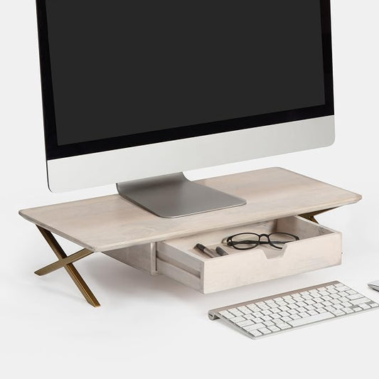 Anji Mountain Monitor Stand - Desktop Organizer & Laptop Riser, Ergonomic Monitor Riser, Space-Saving Monitor Stand for Desk, Durable Construction, Easy Assembly, Ideal for Home & Office,White Wash