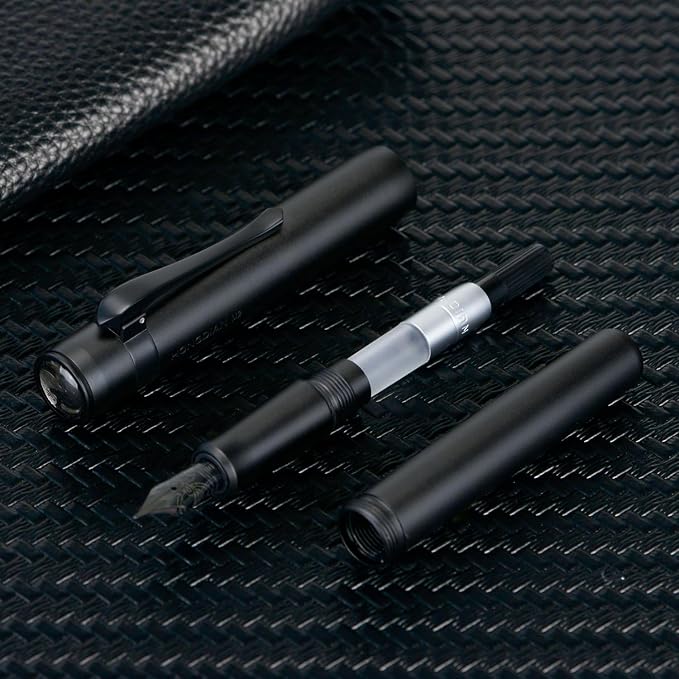 HONG DIAN M2 Black Forest Mini Fountain Pen, Medium Soft Nib & Sleek Shape Aluminium Short Pocket Travel Pen (Matte Black)
