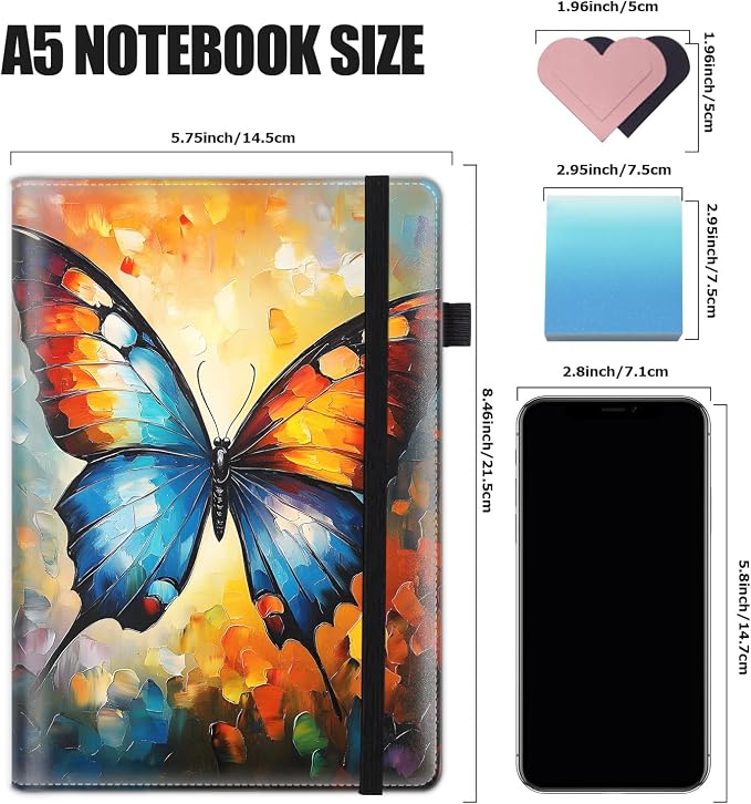 Hardcover Executive Notebooks, A5 PU Leather Lined Journal Notebook, 200 Pages Thick Paper Subject Notebooks for School,Work,Home Writing Business Notebook, Diary Book ，Colorful Butterfly