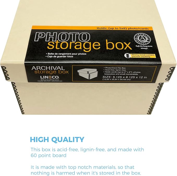 Lineco Archival Photo Card Box, Museum-Quality Storage, 5x8x12 Inch, Tan | Acid-Free with Removable Lid, Metal-Edge Corner, Bulk Storage and Preservation for Negatives, Prints, Films, Photos, Snapshot