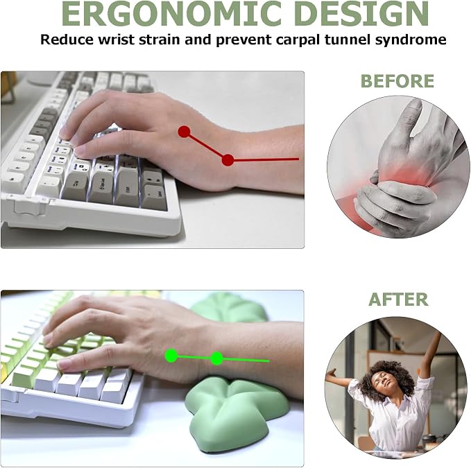 Ergonomic Keyboard Wrist Rest, Leaf Shape PU Leather Memory Foam Wrist Support for Computer Keyboard, Keyboard Pad and Cute Mouse Wrist Pad for Gaming,Office,Computer,Typing Pain Relief, Pastel Green