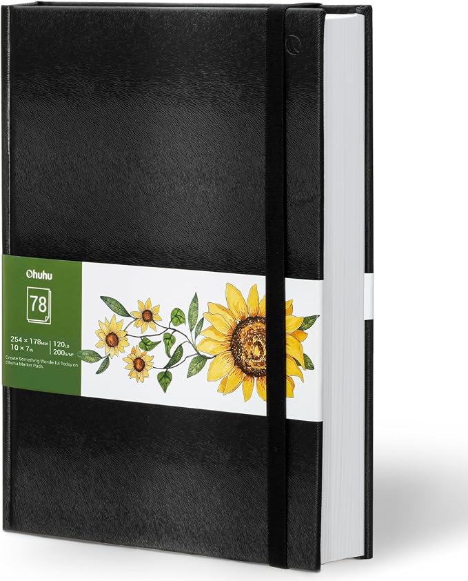 Ohuhu Marker Pads Art Sketchbook, 7"x10" Large Paper Size, 120 LB/200 GSM Drawing Papers, 78 Sheets/156 Pages, Hardcover Sketch Book for Alcohol Markers Christmas Gift