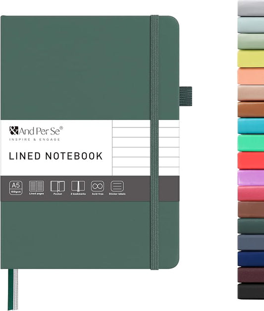 &And Per Se Lined Journal Notebook – A5 Hardcover, 160 Pages 100gsm Thick Paper, College Ruled for Writing - 5.7”x8” (Dark Green)