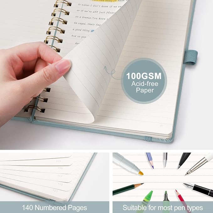 AHGXG Lined Spiral Journal Notebook, 140 Pages, A5 (5.7" x 8.3") | Journals for Women, Hardcover Leather Notebook College Ruled, 100 GSM Paper, for Work School Note Taking (Gray Blue)