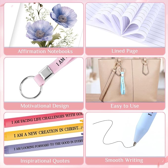Mooliwe 12 Set Positive Affirmation Gift Set Gratitude Notebooks with Pens Keychains Small Bags Motivational Party Favors for Adult Women Coworkers Employee Group (Watercolor)