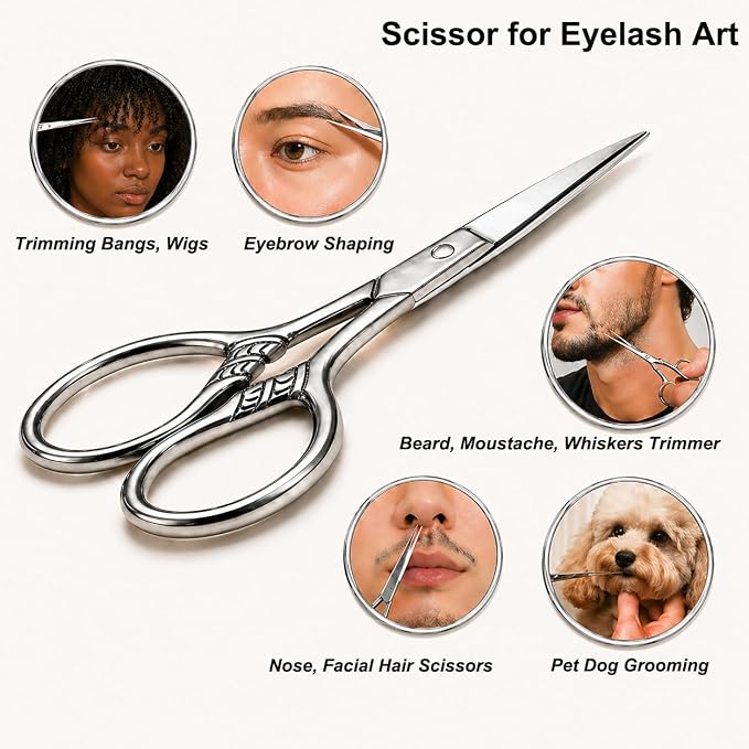Small Precision Scissors, 3.5in Beauty Grooming Kit | Stainless Steel, Multi-Purpose Travel Tools for Facial Hair, Eyebrow, Eyelash, Beard, Moustache Trimming, with PU Sheath