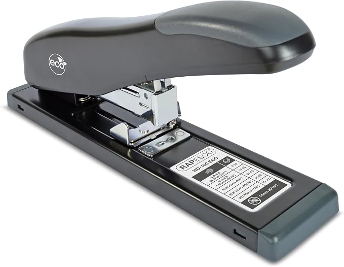 Rapesco 1307 ECO Heavy-Duty Stapler with 2000 Staples Type 923/10mm (3/8"), 100 Sheet Capacity, Uses Type 923 (1/4" to 1/2") and Type 24 High-Capacity (1/4" and 5/16") Heavy-Duty Staples, Black