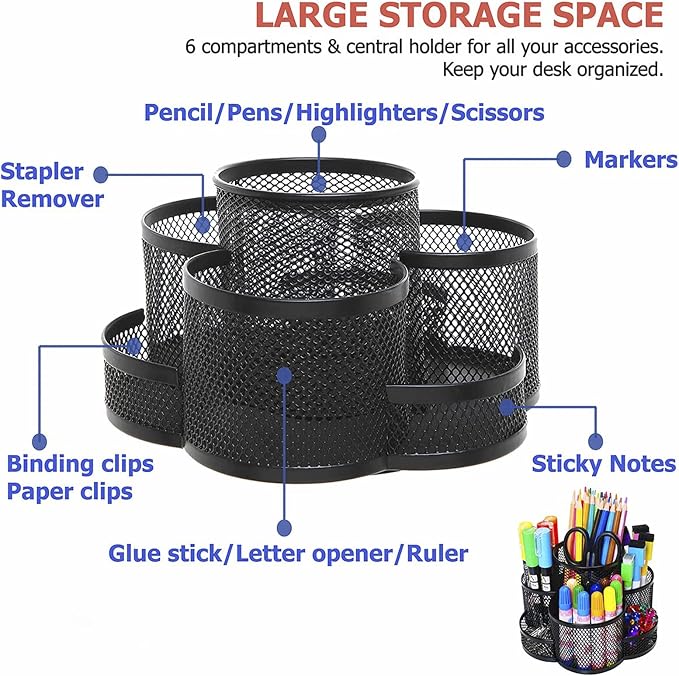 360 Rotatable Metal Mesh Desktop Pen Holder Pencil Holder Pencil Organizer Stationery Organizer Pen Pot Makeup Brush Organizer for Home School Office (Blue)