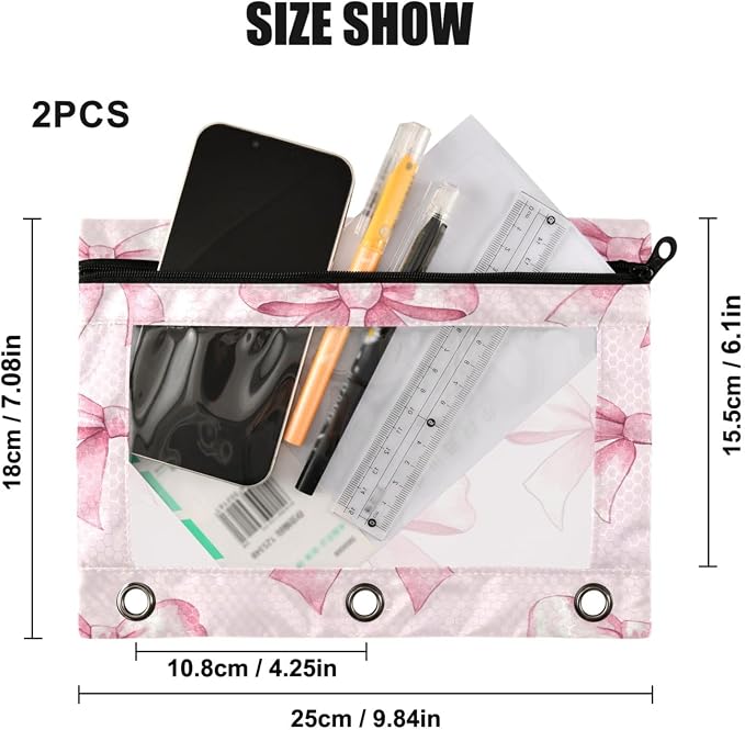 Pink Bows (1) Pencil Pouch Fits standard 3-ring binders, Zipper Binder Pencil Bag with Clear Window for Office 2 Pack