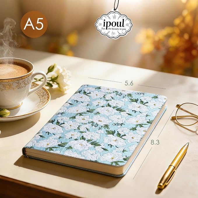 Floral Notebook, Cute Journal, A5, 8x6, Wide Rule, Lined Notebook, Diary for Women, Blue Notebook, Hard Cover Journal Notebooks, Lay Flat, Pretty Notebook, Writing Journal, White Gardenia