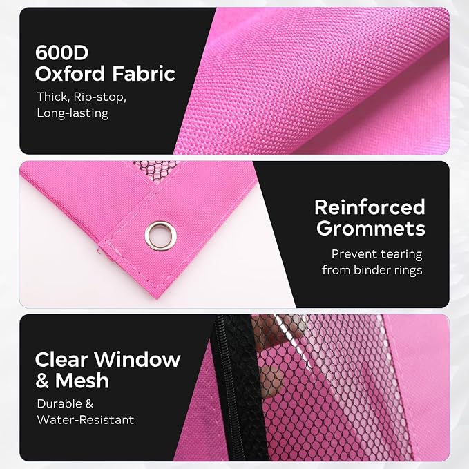 3 Ring Pencil Pouch for Binder, 2-Pocket Zipper Pencil Case with Clear Window & Mesh Pocket, Heavy Duty 600D Oxford Fabric Binder Pouch for School Office Supplies, Fits Standard 3-Ring Binders, Pink
