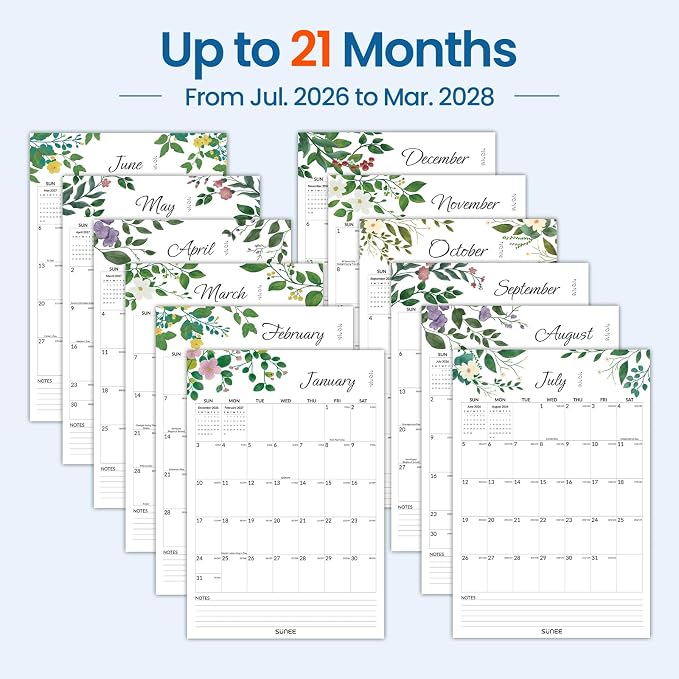 SUNEE 2026-2027 Wall Calendar Large 22.75"x15.5", 21 Month July Calendar (Ends March 2028), Vertical Extra Large, Greenery