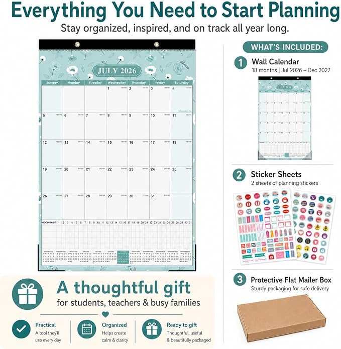 Large Wall Calendar 2026-2027, 18-Month Wall Calendar from July 2026 to December 2027, 15" x 22" 2026 Wall Calendar with Spacious Blocks, Julian Dates, Habit Tracker & Full-Year Reference for Home Office School Floral