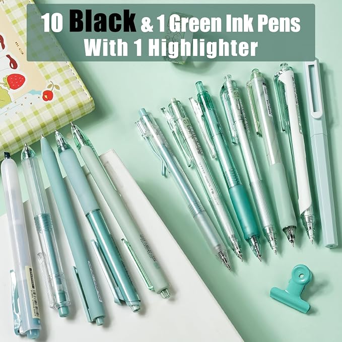 Four Candies Green Pens, Black Gel Ink, Forest - 12ct, 0.5mm Fine Point | Teal School & Office Supplies, Mint Green Pen and Highlighter Set, Smooth Writing