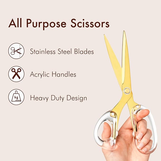 OfficeGoods 9” Stainless Steel Acrylic Scissors for Office and Home - Aesthetic and Sharp All Purpose Scissors, Perfect for Sewing, Arts and Crafts - Gold