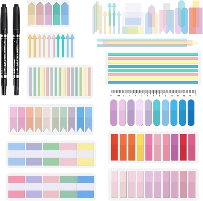 BAYTORY 1800Pcs Transparent Sticky Tabs, 2Pcs Double Marker Pens | See Through Clear Label Stickers, Self-Adhesive Translucent Index Tabs, Sticky Notes for Bible Accessories (Pastel Colors)