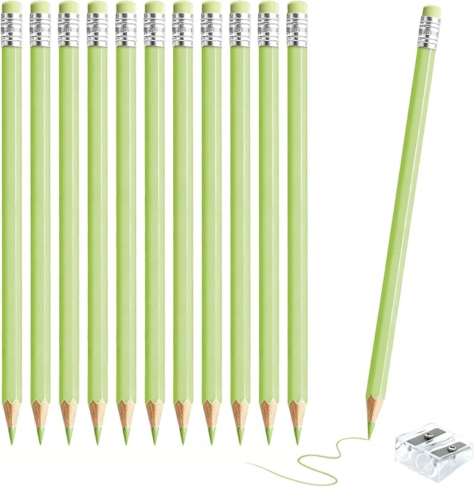 12 PCS Macaron Green Colored Pencils with Eraser Pre Sharpened Pencil 2 HB - Ideal for Checking, Grading, Tests & Office/School Supplies