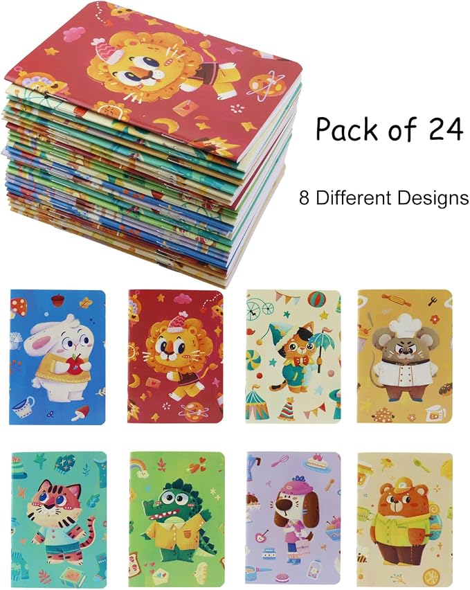 24pcs Mini Notebooks,3.5" x 5" Pocket Notepads,Small Journal for School Office Home Travel Gift Supplies(Animal)