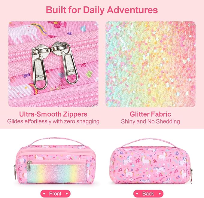 Large Pencil Case for Girls, Aesthetic Pencil Pouch for School, Wide Opening Organizer Box with Handle, Fits 50 Pens & Markers (Glitter Pink Unicorn) | Kids Pencil Case & Wide Handle, Water Resistent Organizer Box, Fits 50 Pens & Markers, Daily Use, Gl...