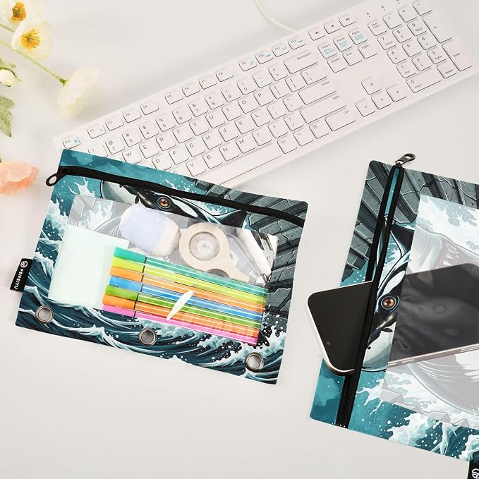 Gredecor 3 Ring Binder Pencil Pouch, Comic White Shark Zippered Pen Case Pouches with Clear Window, 2 Pack Stylish Office & School Supplie