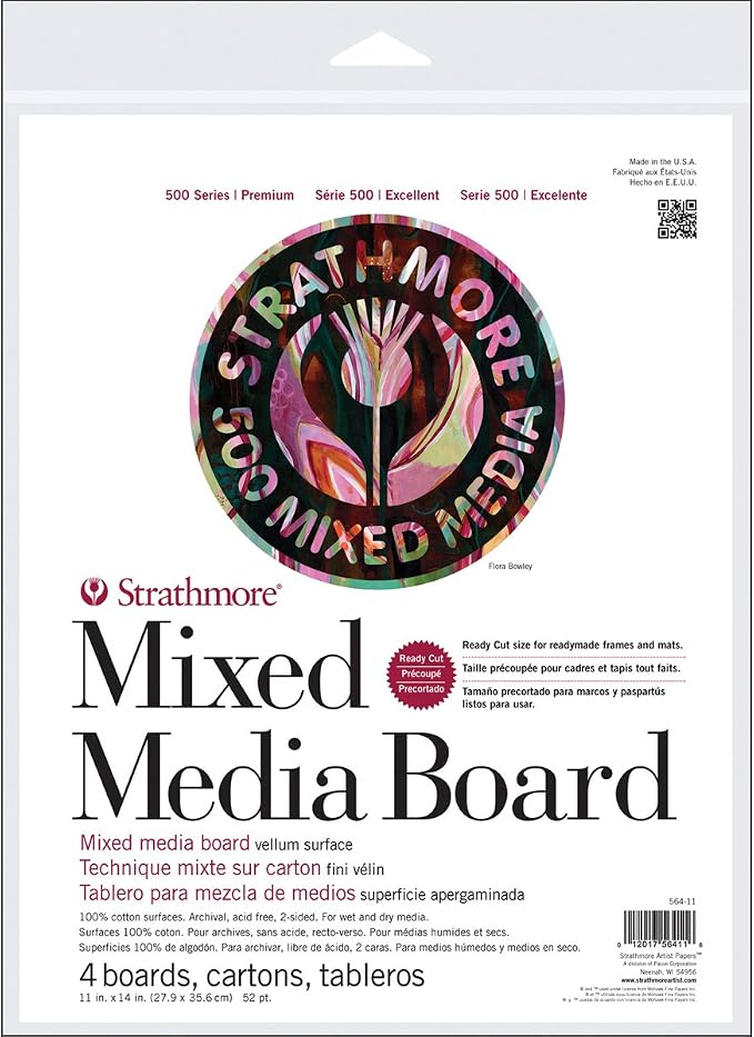 Strathmore 500 Series Mixed Media Board, 52 pt. Vellum Surface, 11 X 14 inches, Package of 4 (564-11)