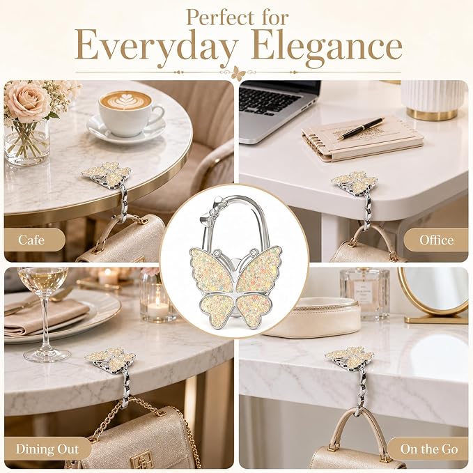 Purse Hook for Table, Foldable Handbag Hanger for Women, Portable Bag Holder with Non-Slip Base, Cute Bling Yellow Butterfly Purse Table Hook for Restaurant Office Travel Gift