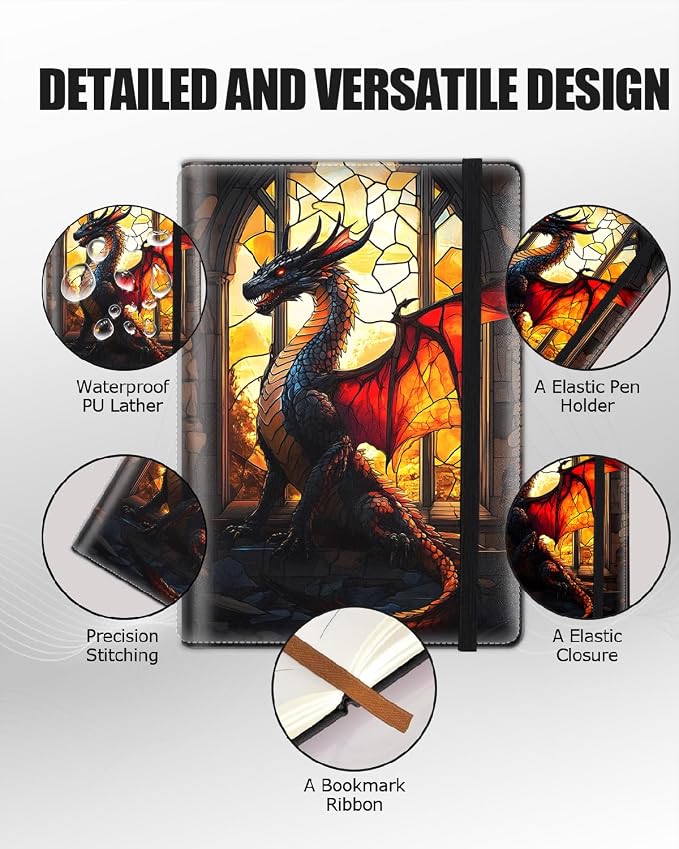 Hardcover Executive Notebooks, A5 PU Leather Lined Journal Notebook, 200 Pages Thick Paper Subject Notebooks for School,Work,Home Writing Business Notebook,Diary Book,Stained Glass Red Glass Dragon