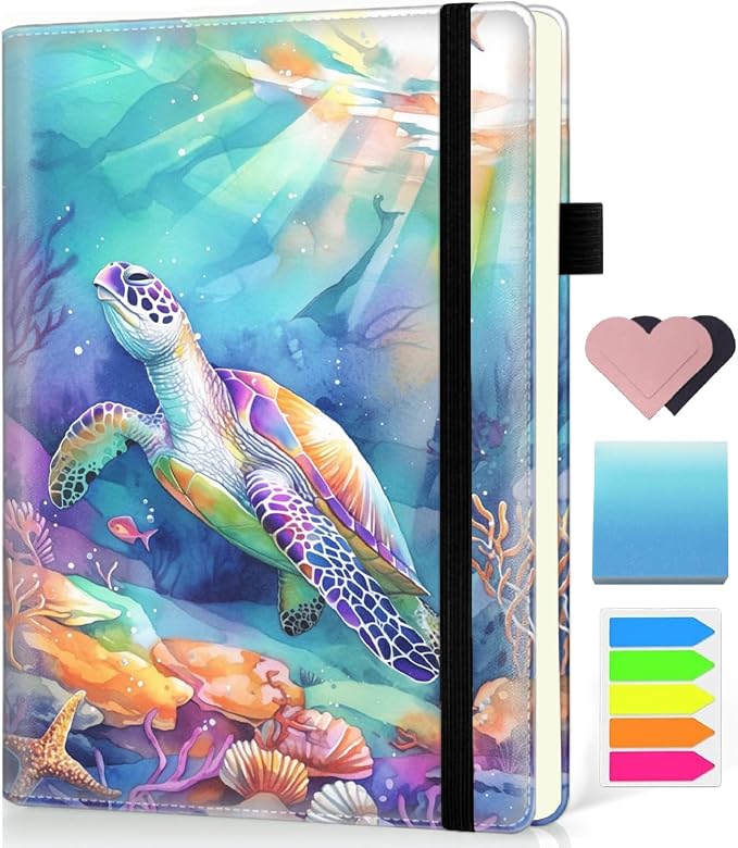 Hardcover Executive Notebooks, A5 PU Leather Lined Journal Notebook, 200 Pages Thick Paper Subject Notebooks for School,Work,Home Writing Business Notebook, Diary Book ，Watercolor Turtle
