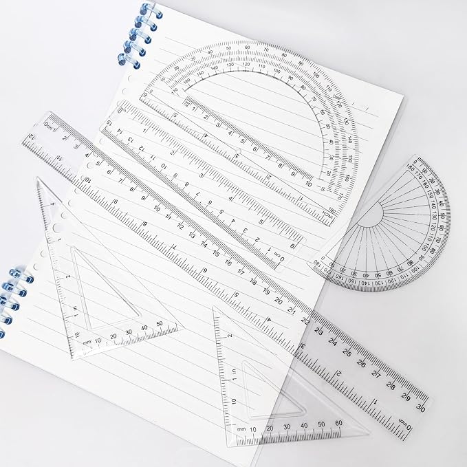 6 Piece Geometry Set, Professional Drafting Tools | 12″/6″ Clear Rulers, 2 Triangle Rulers, 2 Protractor for School, Office, Engineering & Art Drawing