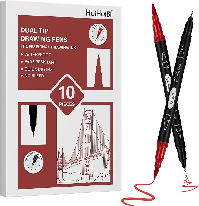 10 Pack Red Markers for Coloring,1-6mm Dual Brush Pens with 0.4mm Fine Tip Markers,Red Drawing Pens for Art Drawing Sketching Calligraphy