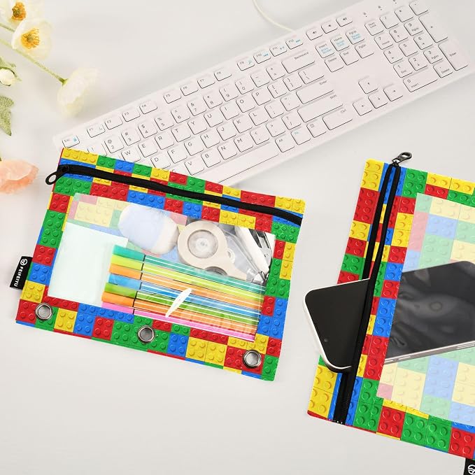 Gredecor Binder Pencil Pouch 3 Ring Plastic Building Blocks Zipper Pencil Pouches Case 2 Pack Clear Binder Organizer for School Office