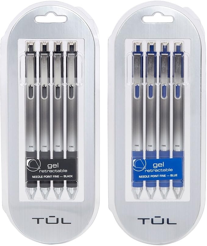 TUL Retractable Gel Pens 0.5mm Needle Point Fine, Black/Blue Bundle (2 4-packs)