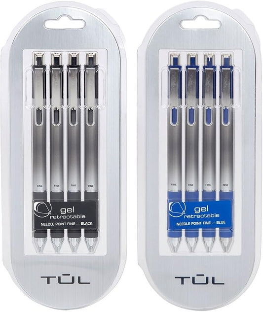 TUL Retractable Gel Pens 0.5mm Needle Point Fine, Black/Blue Bundle (2 4-packs)