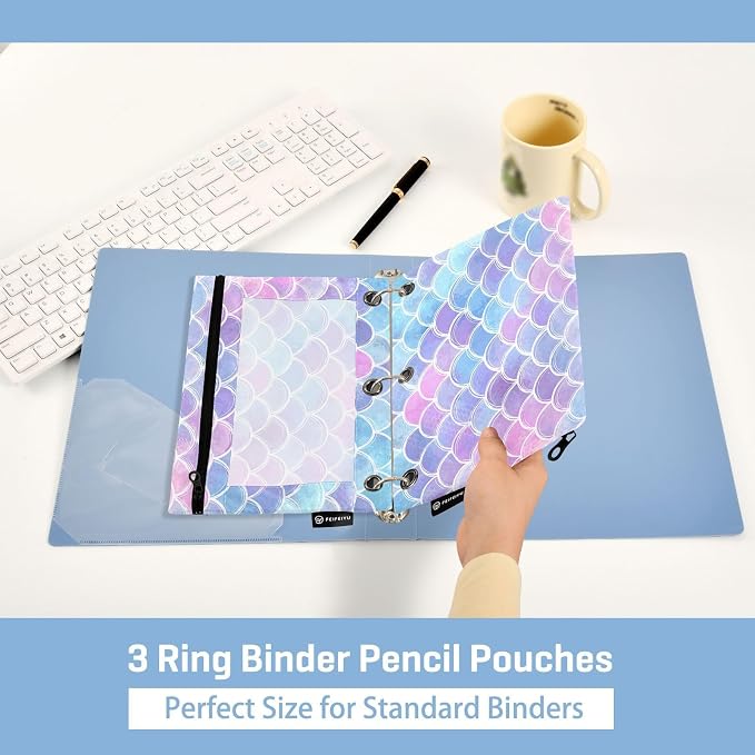 Gredecor Binder Pencil Pouch 3 Ring Magic Pink-Blue Mermaid Scales Zipper Pencil Pouches Case 2 Pack Clear Binder Organizer for School Office