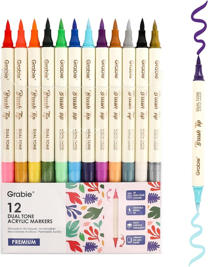 Grabie 24 Colors Acrylic Paint Markers, 12 Pack Dual Tip Soft Brush Acrylic Markers, Water-Based Paint Pens for Paper, Rock Painting, Wood, Glass, Canvas, DIY Craft Art Supplies for Adult & Kids